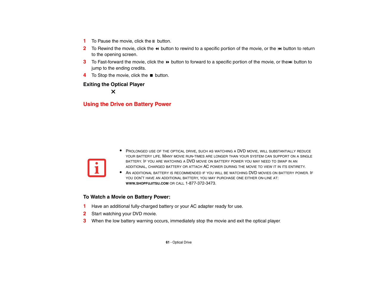 Using the drive on battery power, Exiting the optical player | Fujitsu Siemens Computers N6470 User Manual | Page 66 / 185