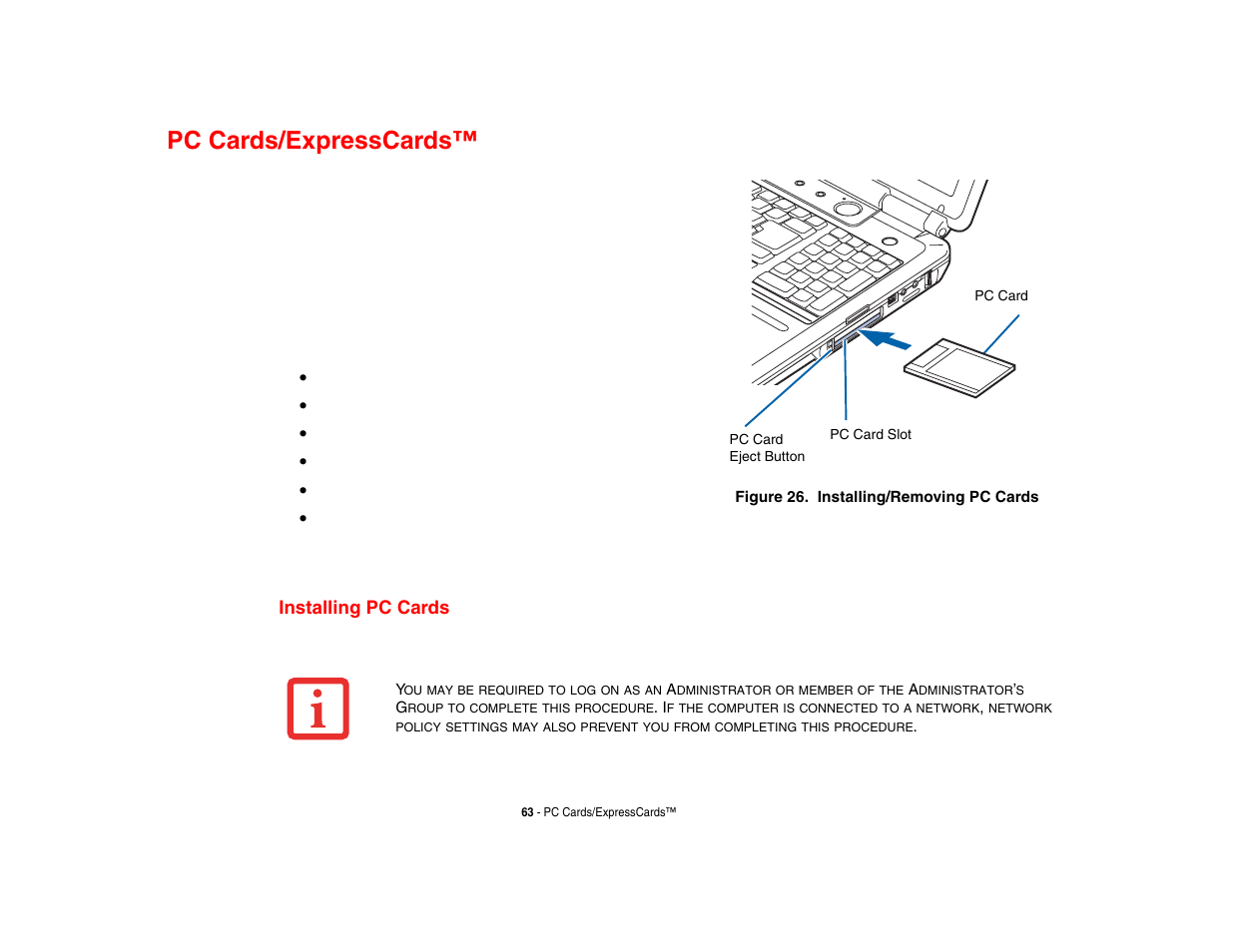 Pc cards/expresscards, Installing pc cards | Fujitsu Siemens Computers N6470 User Manual | Page 68 / 185