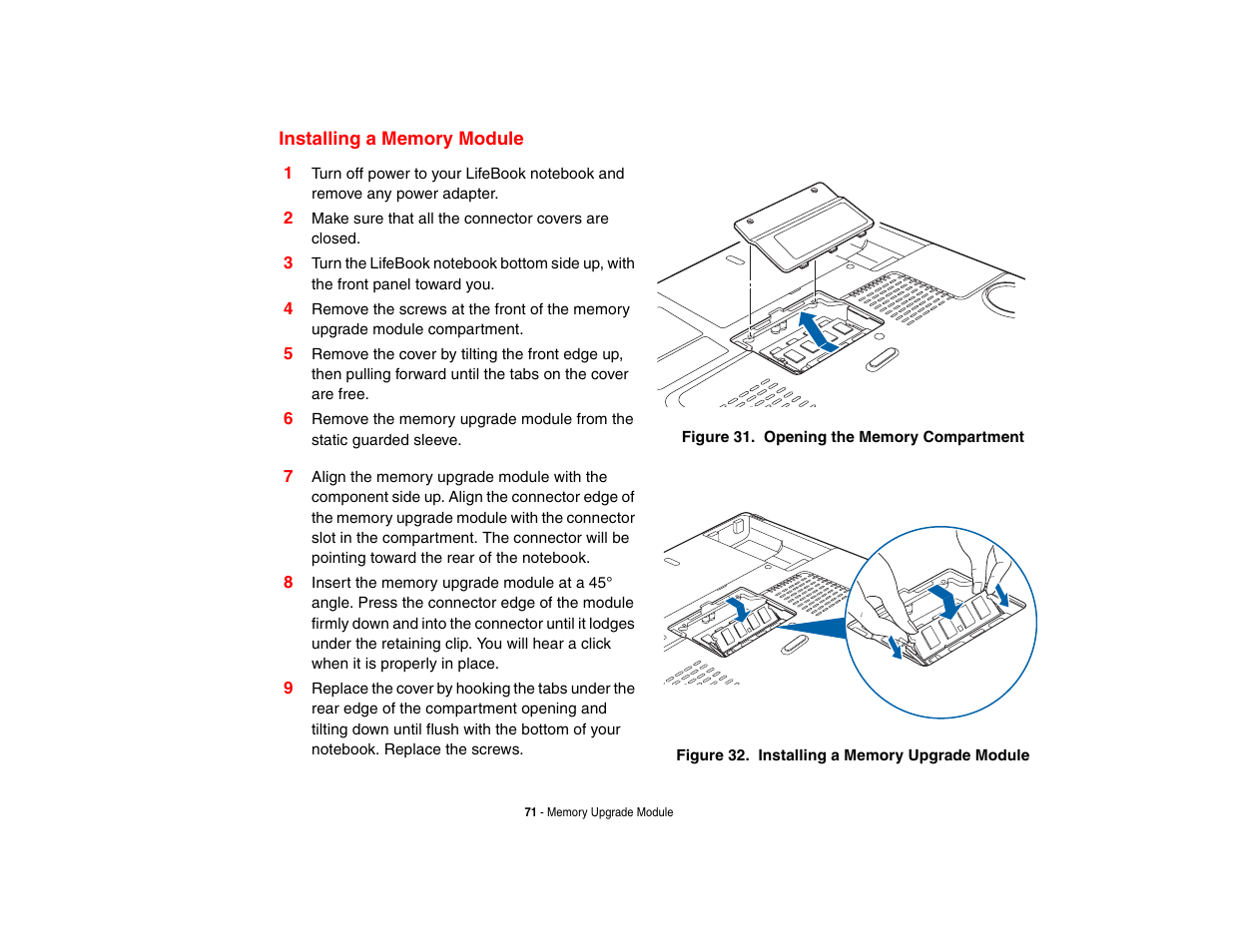 Installing a memory module | Fujitsu Siemens Computers N6470 User Manual | Page 76 / 185