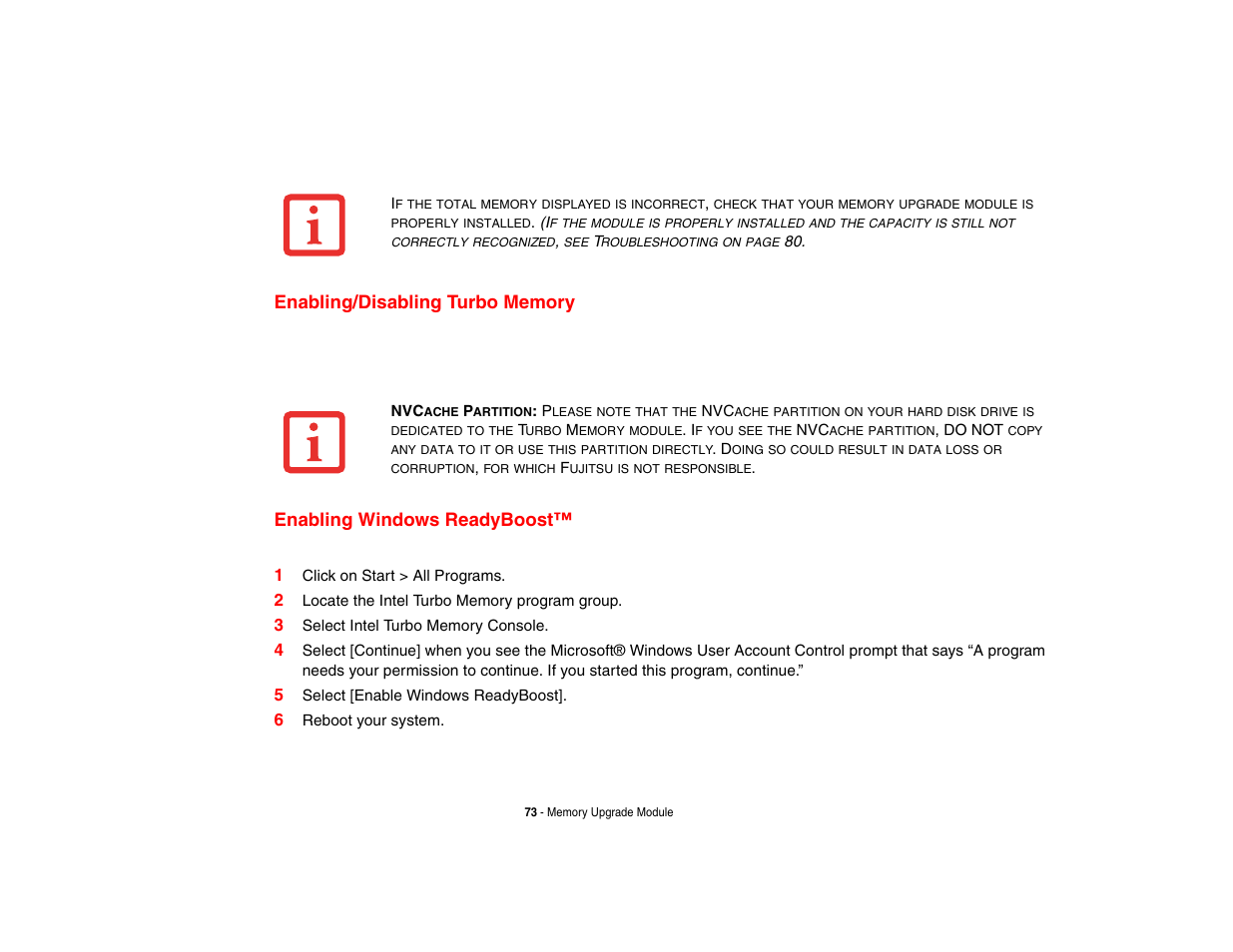 Enabling/disabling turbo memory, Enabling windows readyboost | Fujitsu Siemens Computers N6470 User Manual | Page 78 / 185