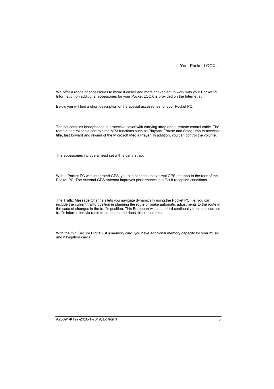 Optional accessories, Audio control set, Head set | External gps antenna, Traffic message channel (tmc), Mini secure digital | Fujitsu Siemens Computers Pocket LOOX N100 Series User Manual | Page 11 / 51