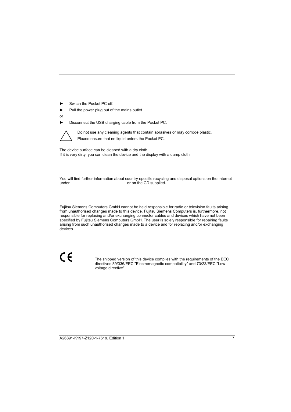 Cleaning the pocket pc, Disposal and recycling, Liability | Ce marking | Fujitsu Siemens Computers Pocket LOOX N100 Series User Manual | Page 15 / 51