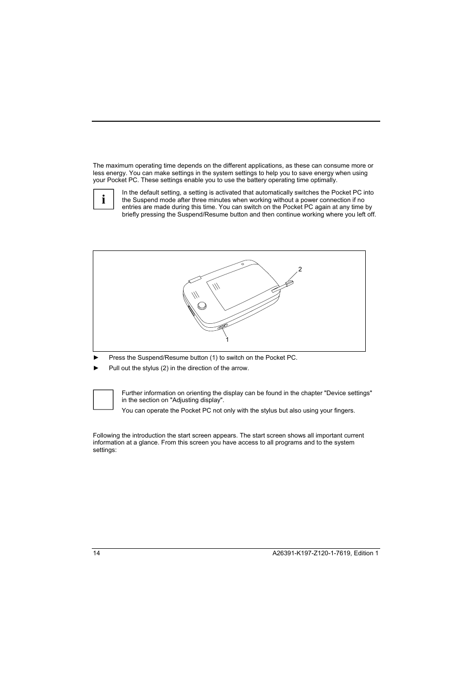 Optimising battery operating time, Start pocket pc for the first time | Fujitsu Siemens Computers Pocket LOOX N100 Series User Manual | Page 22 / 51