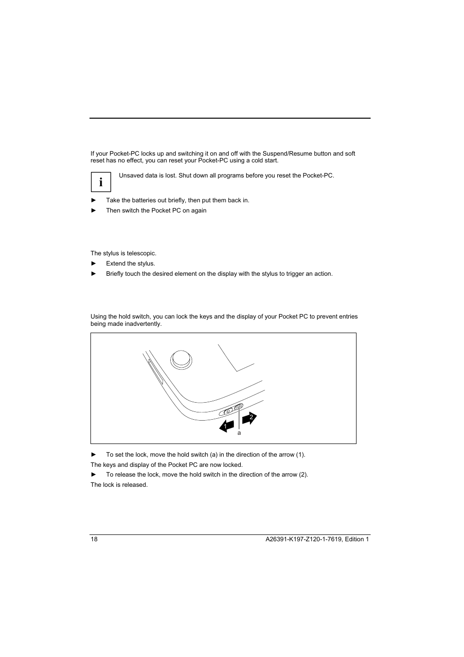 Resetting the pocket-pc (cold start), Using stylus and display, Using the hold switch | Fujitsu Siemens Computers Pocket LOOX N100 Series User Manual | Page 26 / 51