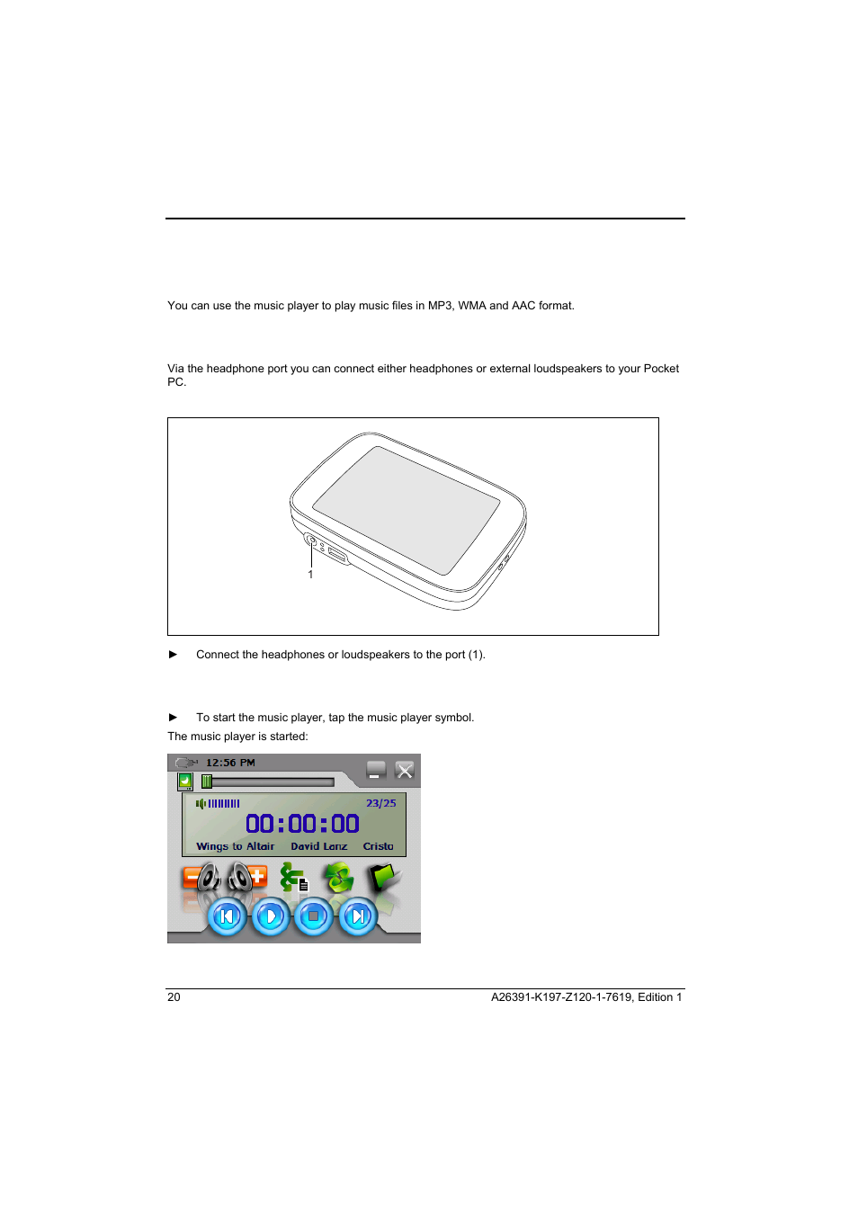 Music player, Connecting headphones or external loudspeakers, Using the music player | Fujitsu Siemens Computers Pocket LOOX N100 Series User Manual | Page 28 / 51