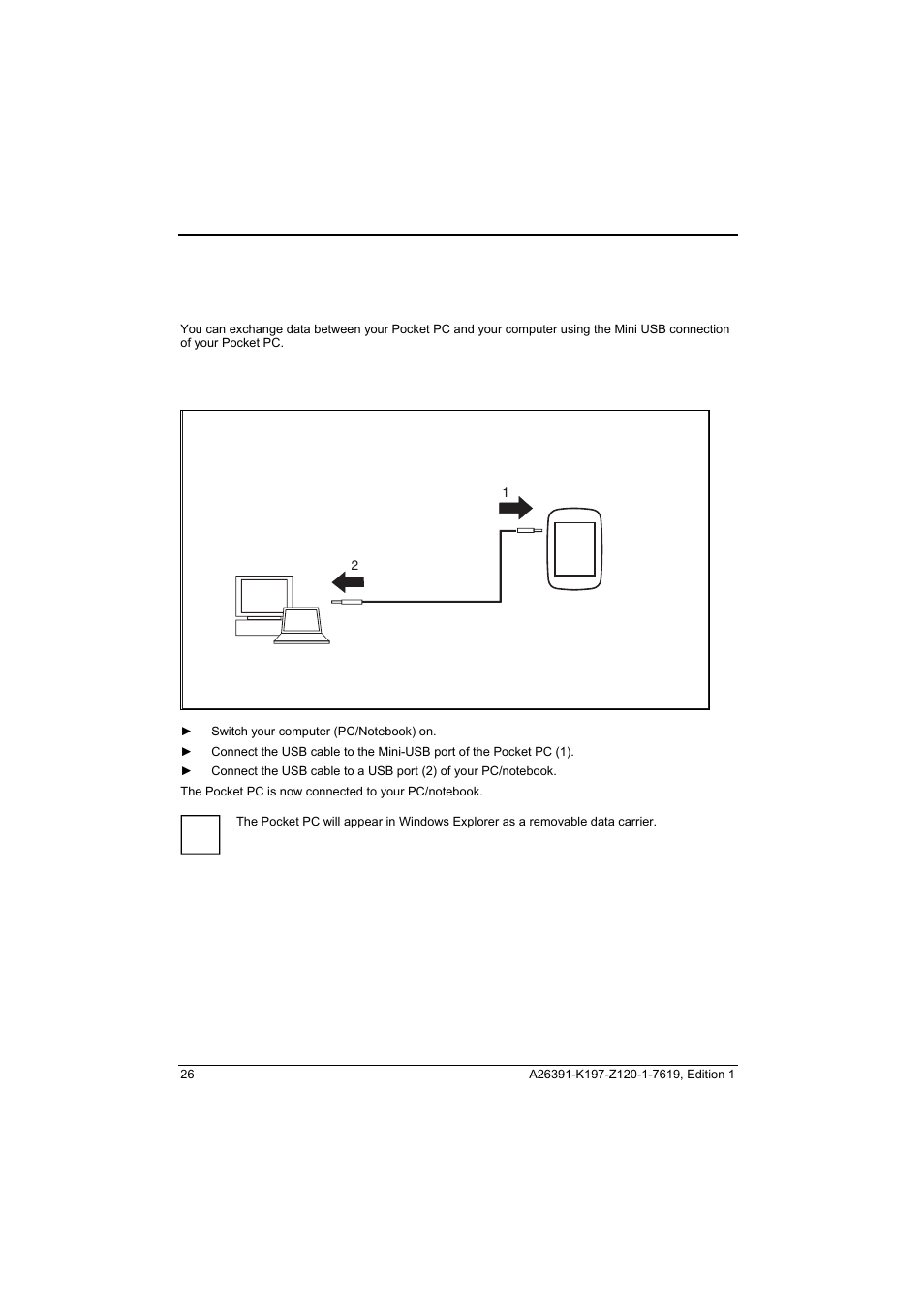 Data transfer using usb, Connecting the pocket pc with pc/notebook | Fujitsu Siemens Computers Pocket LOOX N100 Series User Manual | Page 34 / 51