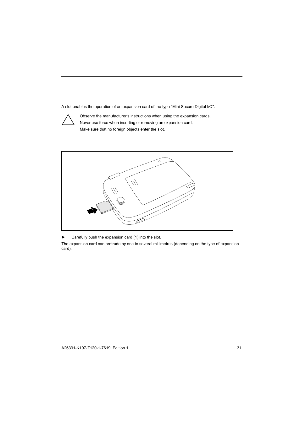 Inserting and removing expansion card, Inserting the expansion card | Fujitsu Siemens Computers Pocket LOOX N100 Series User Manual | Page 39 / 51