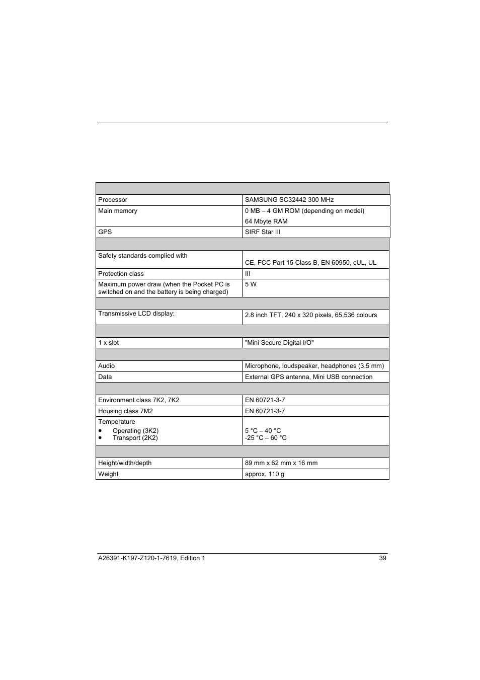 Technical data, Pocket-pc | Fujitsu Siemens Computers Pocket LOOX N100 Series User Manual | Page 47 / 51