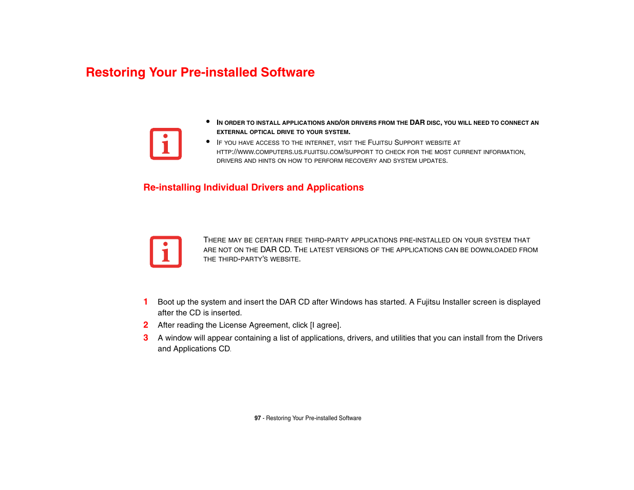 Restoring your pre-installed software, Re-installing individual drivers and applications | Fujitsu Siemens Computers Fujitsu LifeBook B6230 notebook User Manual | Page 102 / 186