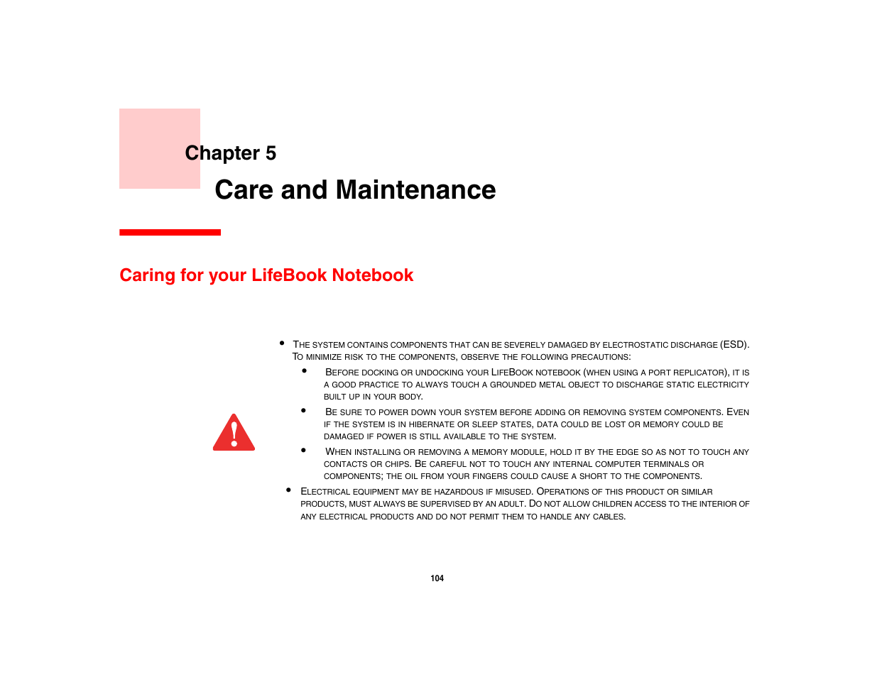 Care and maintenance, Caring for your lifebook notebook, Chapter 5 | Fujitsu Siemens Computers Fujitsu LifeBook B6230 notebook User Manual | Page 109 / 186