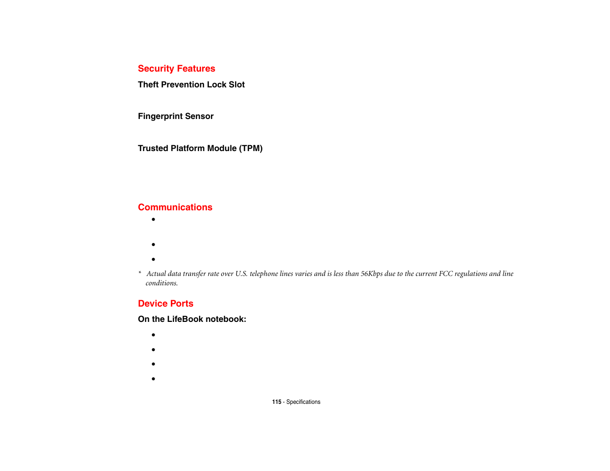 Security features, Communications, Device ports | Security features communications device ports | Fujitsu Siemens Computers Fujitsu LifeBook B6230 notebook User Manual | Page 120 / 186