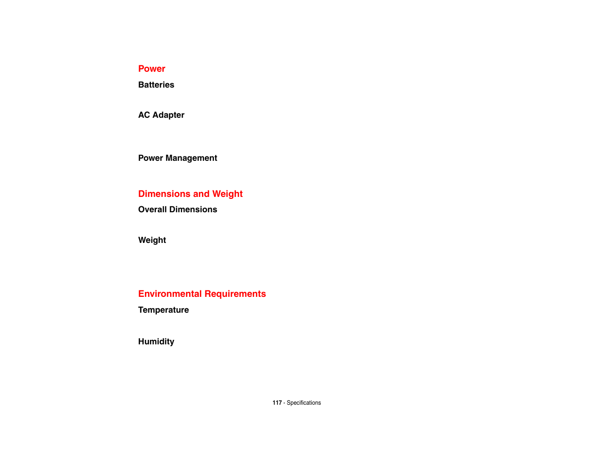 Power, Dimensions and weight, Environmental requirements | Fujitsu Siemens Computers Fujitsu LifeBook B6230 notebook User Manual | Page 122 / 186