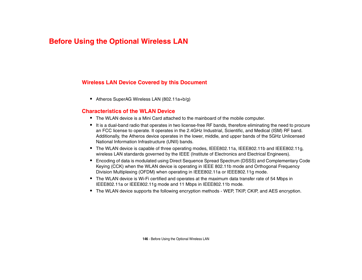 Before using the optional wireless lan, Wireless lan device covered by this document, Characteristics of the wlan device | Fore using the optional wireless lan | Fujitsu Siemens Computers Fujitsu LifeBook B6230 notebook User Manual | Page 151 / 186