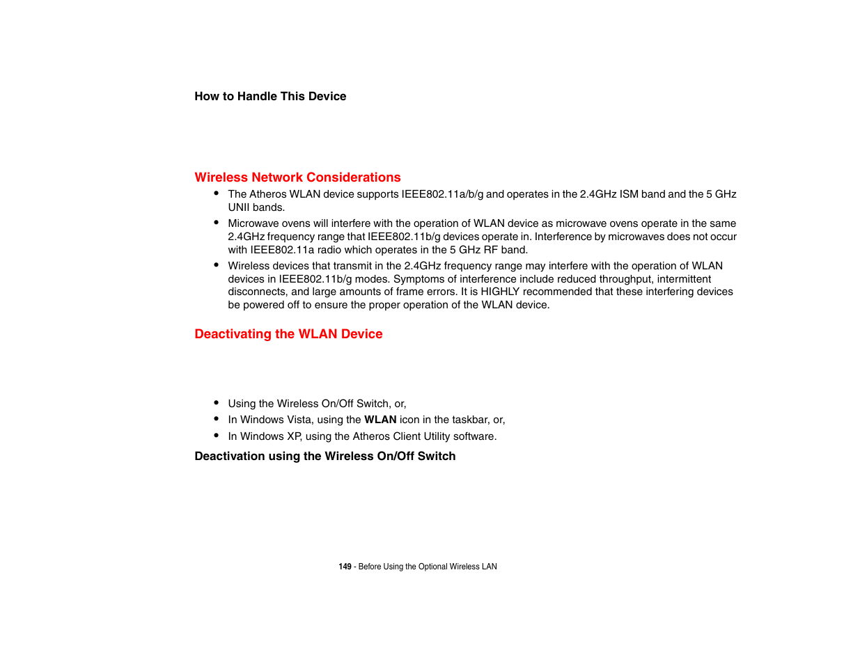 Wireless network considerations, Deactivating the wlan device | Fujitsu Siemens Computers Fujitsu LifeBook B6230 notebook User Manual | Page 154 / 186