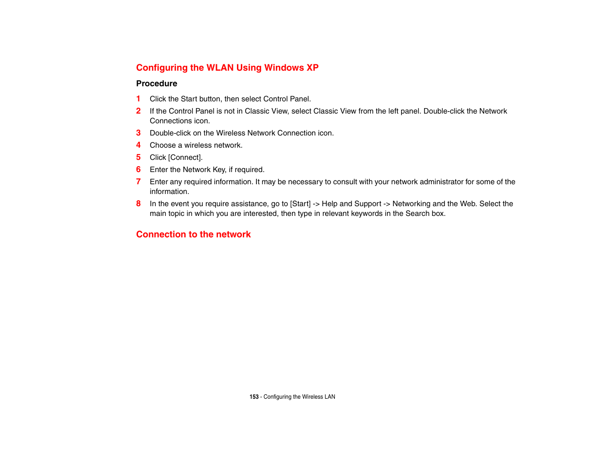 Configuring the wlan using windows xp, Connection to the network | Fujitsu Siemens Computers Fujitsu LifeBook B6230 notebook User Manual | Page 158 / 186