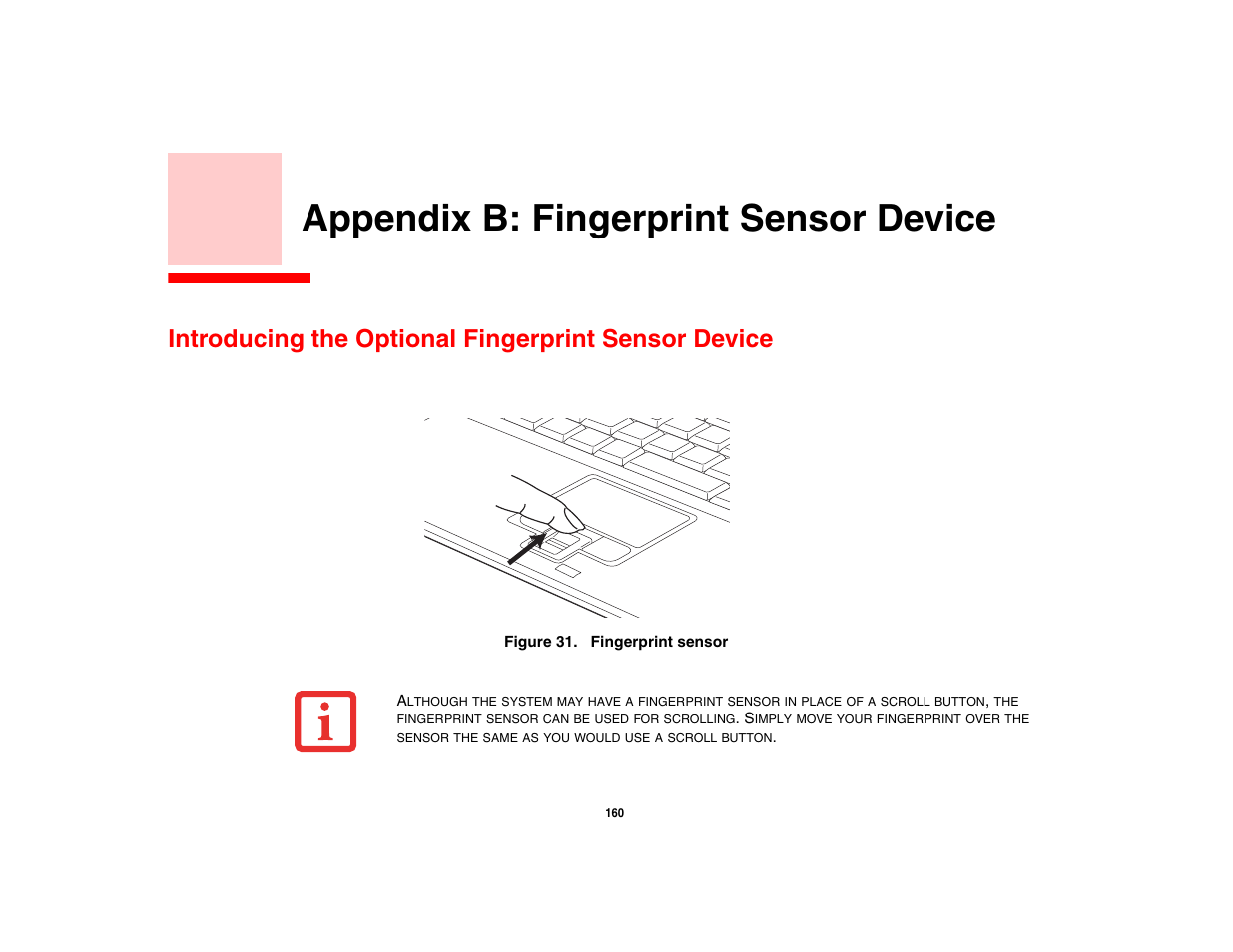 Appendix b: fingerprint sensor device, Introducing the optional fingerprint sensor device | Fujitsu Siemens Computers Fujitsu LifeBook B6230 notebook User Manual | Page 165 / 186