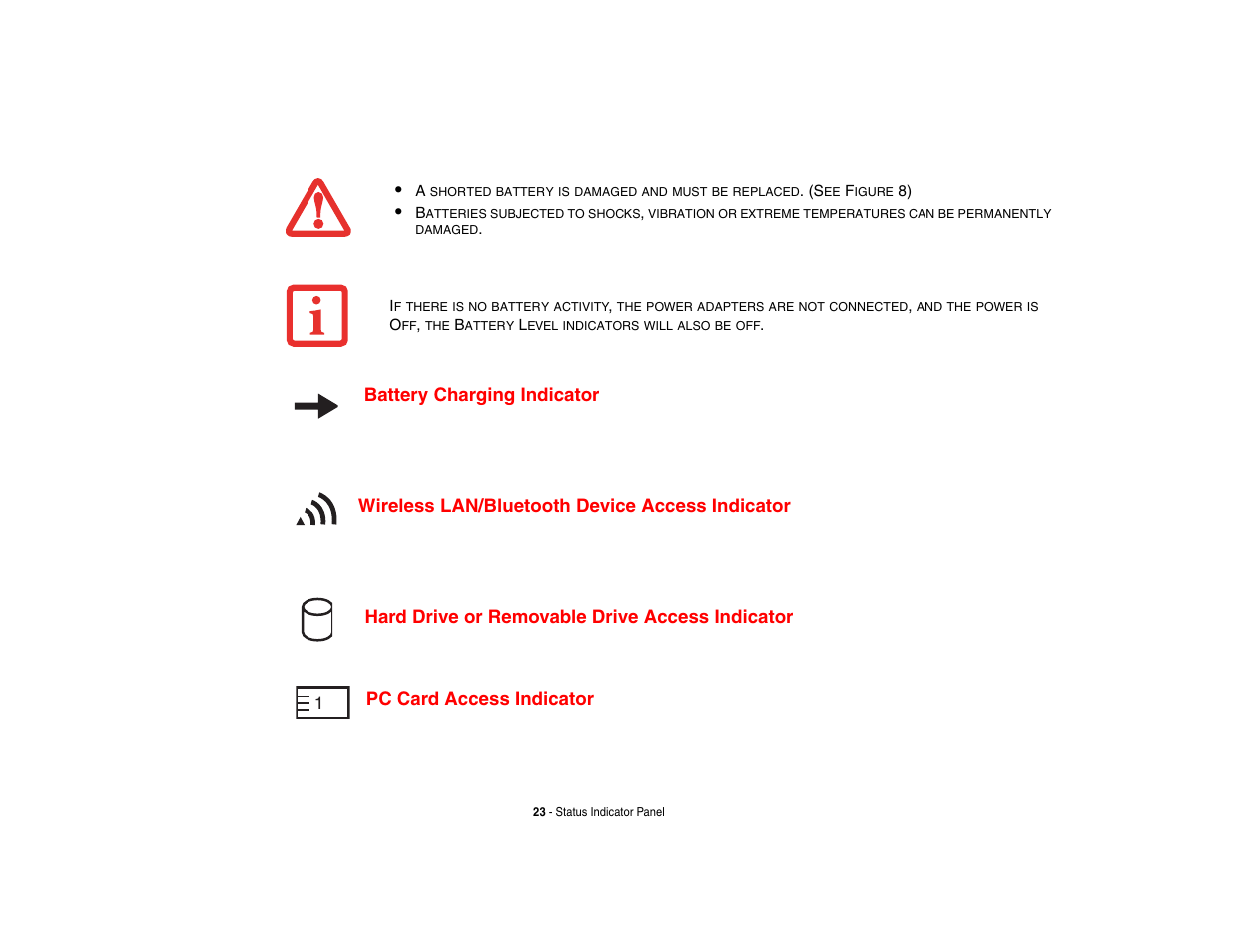 Battery charging indicator, Wireless lan/bluetooth device access indicator, Hard drive or removable drive access indicator | Pc card access indicator | Fujitsu Siemens Computers Fujitsu LifeBook B6230 notebook User Manual | Page 28 / 186