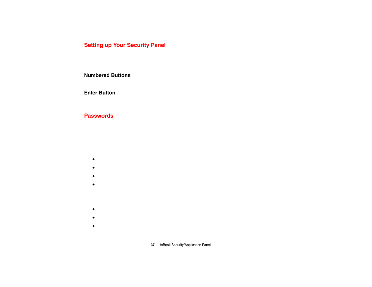 Setting up your security panel, Passwords, Setting up your security panel passwords | Fujitsu Siemens Computers Fujitsu LifeBook B6230 notebook User Manual | Page 42 / 186