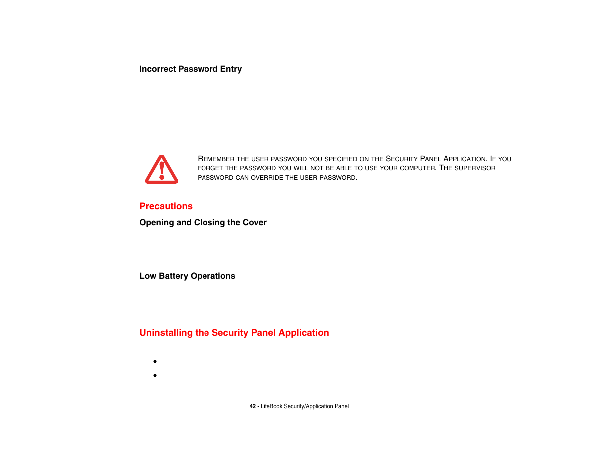 Precautions, Uninstalling the security panel application | Fujitsu Siemens Computers Fujitsu LifeBook B6230 notebook User Manual | Page 47 / 186