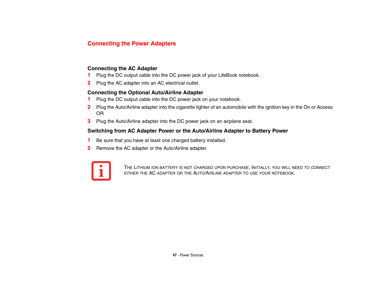 Connecting the power adapters | Fujitsu Siemens Computers Fujitsu LifeBook B6230 notebook User Manual | Page 52 / 186