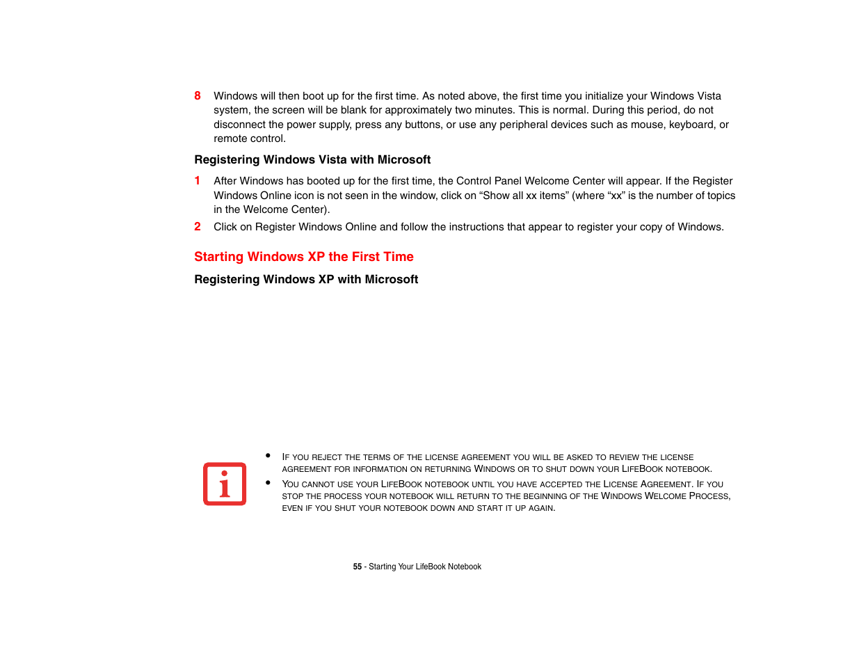 Starting windows xp the first time, Registering windows vista with microsoft 1, Registering windows xp with microsoft | Fujitsu Siemens Computers Fujitsu LifeBook B6230 notebook User Manual | Page 60 / 186