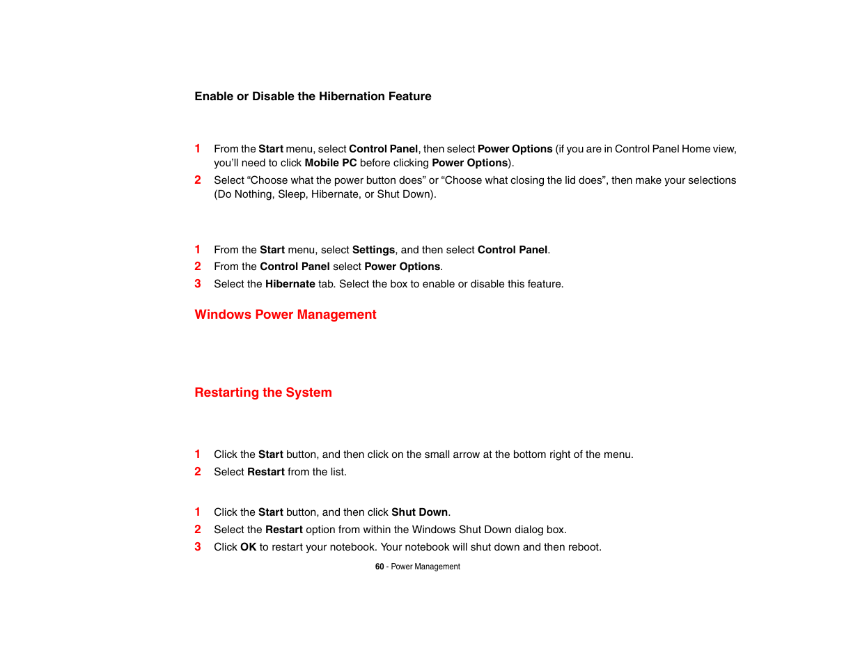 Windows power management, Restarting the system, Windows power management restarting the system | Fujitsu Siemens Computers Fujitsu LifeBook B6230 notebook User Manual | Page 65 / 186