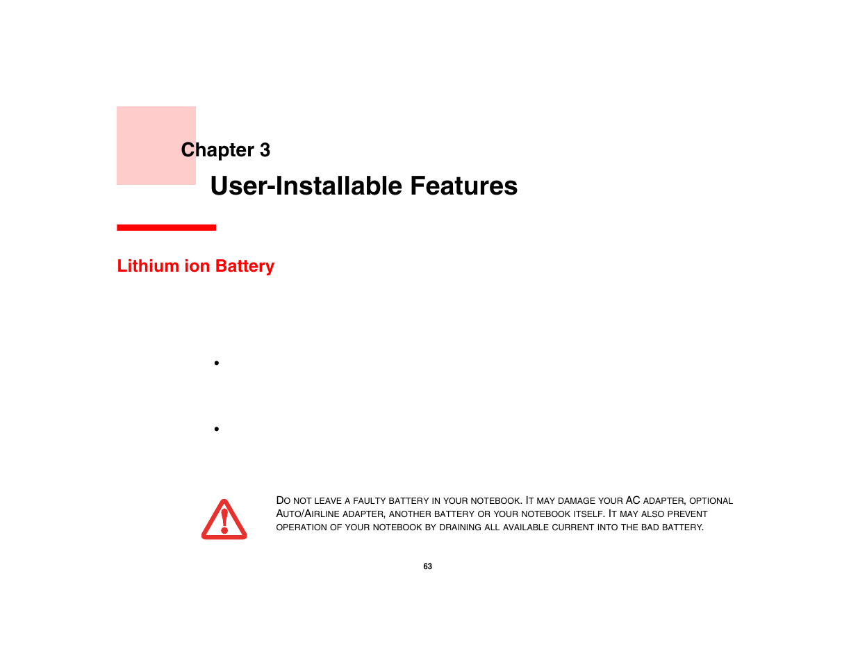 User-installable features, Lithium ion battery, Chapter 3 | Fujitsu Siemens Computers Fujitsu LifeBook B6230 notebook User Manual | Page 68 / 186