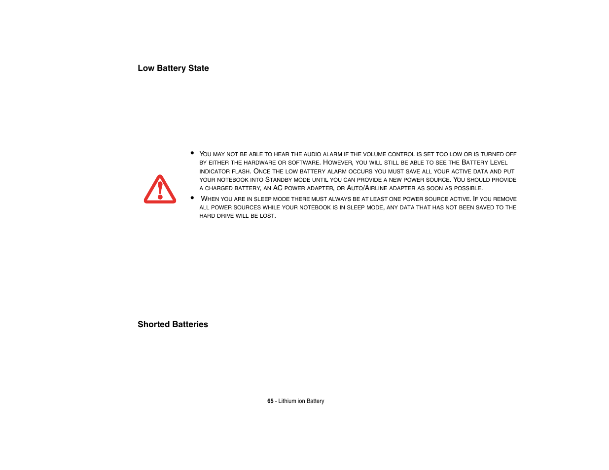 Low battery state, Shorted batteries | Fujitsu Siemens Computers Fujitsu LifeBook B6230 notebook User Manual | Page 70 / 186