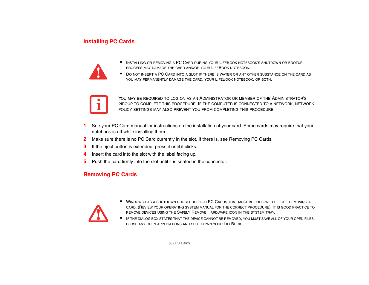 Installing pc cards, Removing pc cards, Installing pc cards removing pc cards | Fujitsu Siemens Computers Fujitsu LifeBook B6230 notebook User Manual | Page 73 / 186