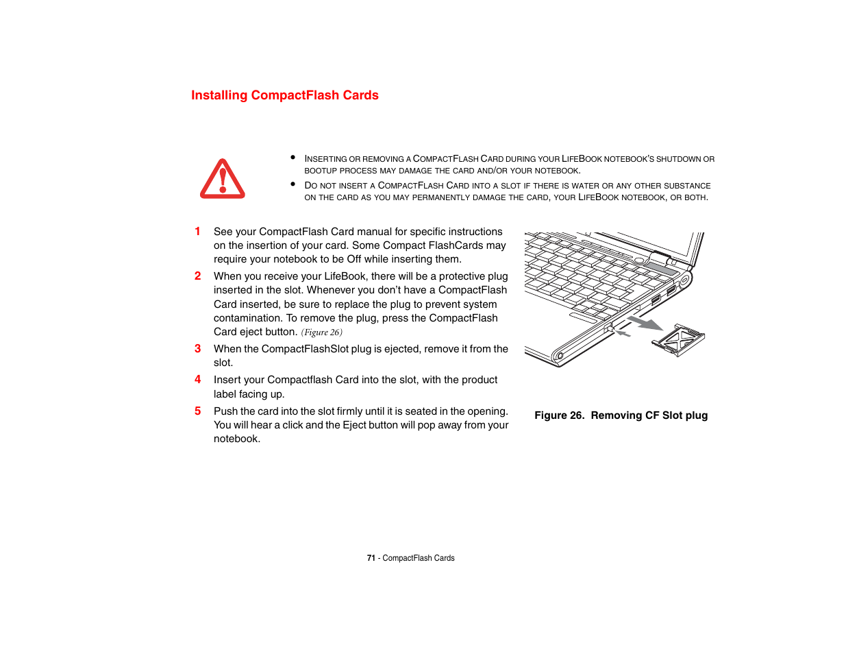 Installing compactflash cards | Fujitsu Siemens Computers Fujitsu LifeBook B6230 notebook User Manual | Page 76 / 186