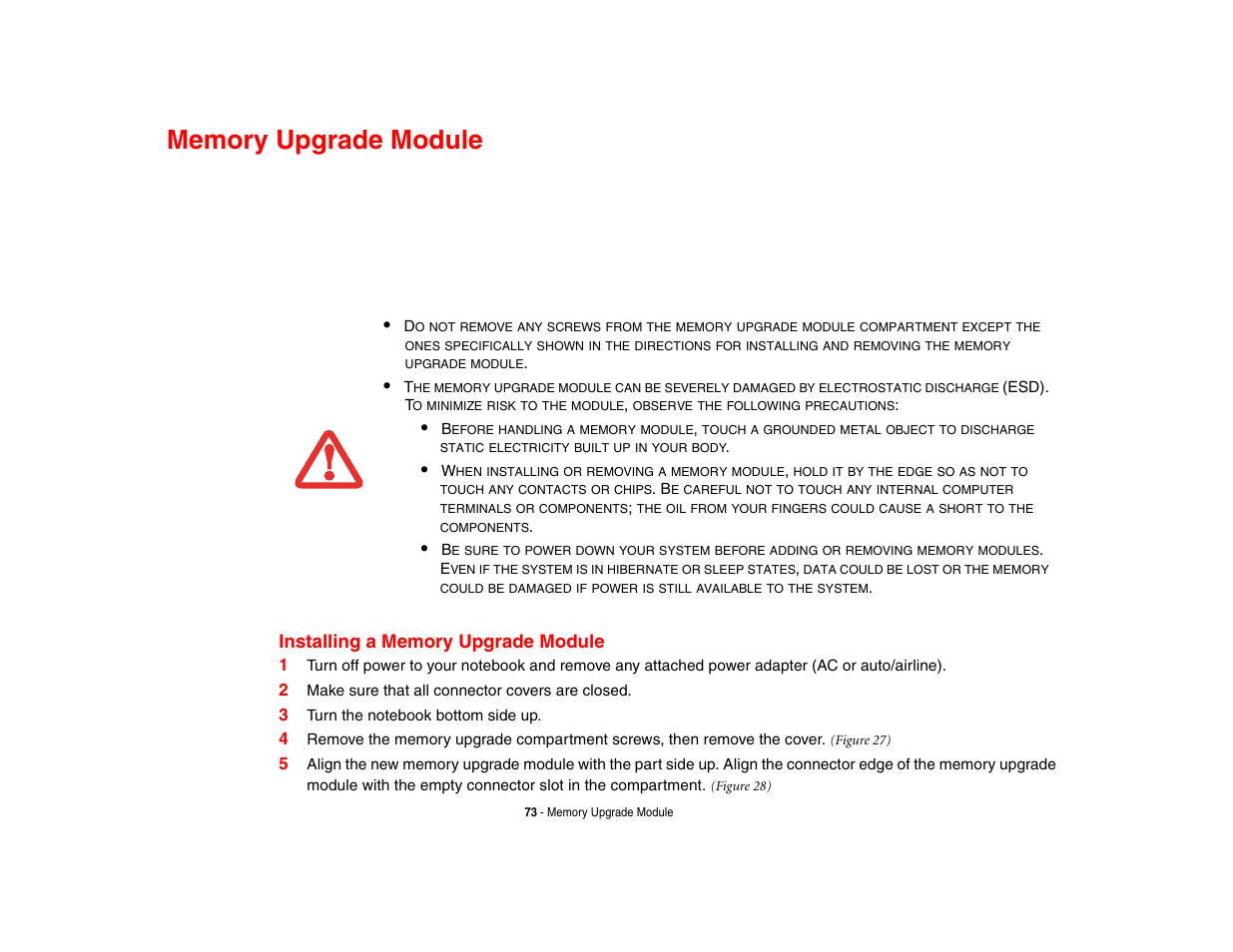 Memory upgrade module, Installing a memory upgrade module | Fujitsu Siemens Computers Fujitsu LifeBook B6230 notebook User Manual | Page 78 / 186