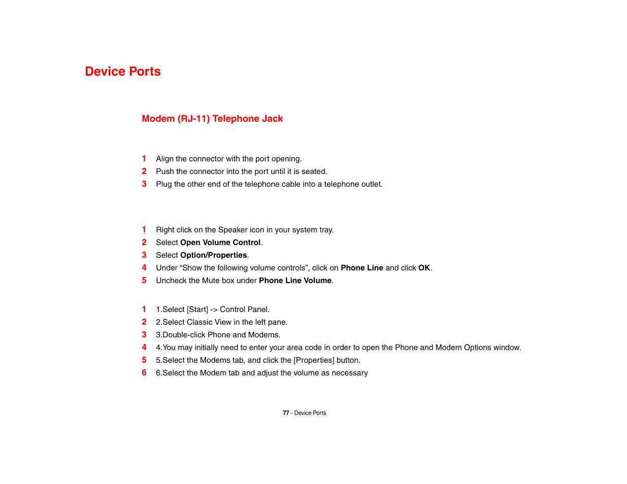 Device ports, Modem (rj-11) telephone jack | Fujitsu Siemens Computers Fujitsu LifeBook B6230 notebook User Manual | Page 82 / 186