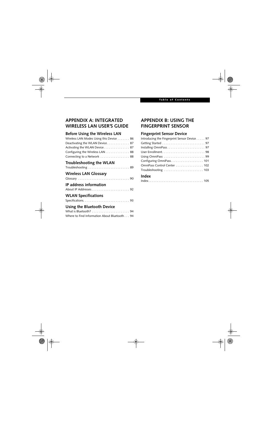 Appendix a: integrated wireless lan user’s guide, Appendix b: using the fingerprint sensor | Fujitsu Siemens Computers A6030 User Manual | Page 7 / 120