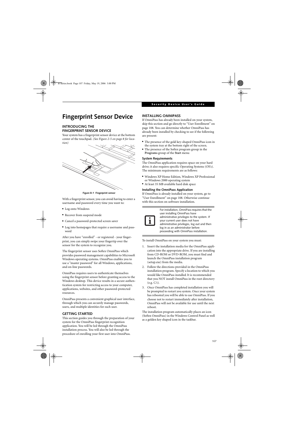 Fingerprint sensor device | Fujitsu Siemens Computers LifeBook B6210 User Manual | Page 115 / 128