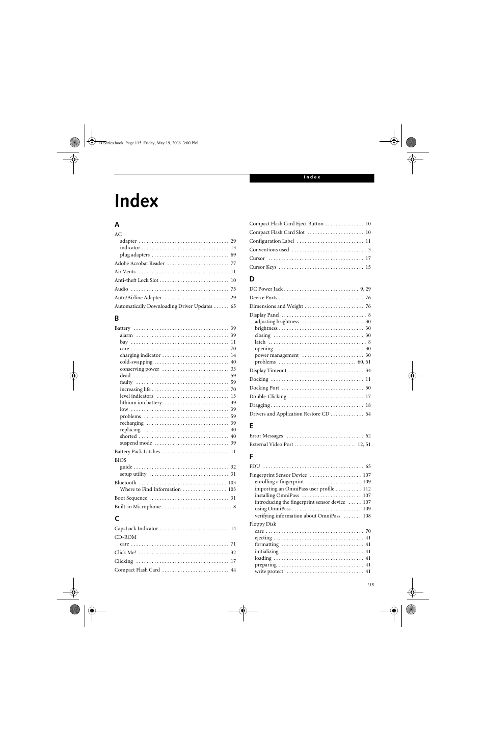 Index | Fujitsu Siemens Computers LifeBook B6210 User Manual | Page 123 / 128