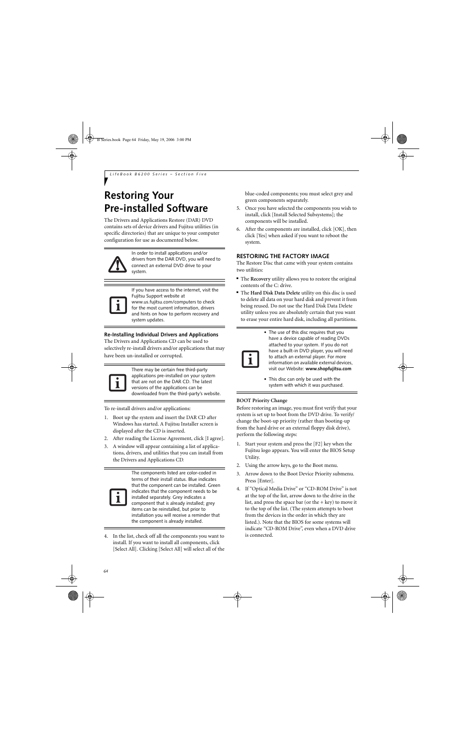 Restoring your pre-installed software | Fujitsu Siemens Computers LifeBook B6210 User Manual | Page 72 / 128