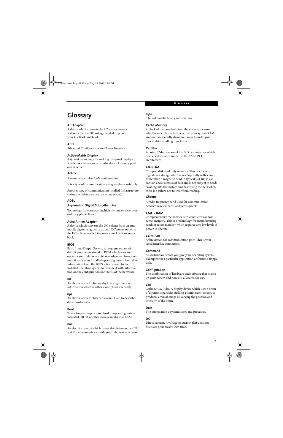 Glossary | Fujitsu Siemens Computers LifeBook B6210 User Manual | Page 89 / 128