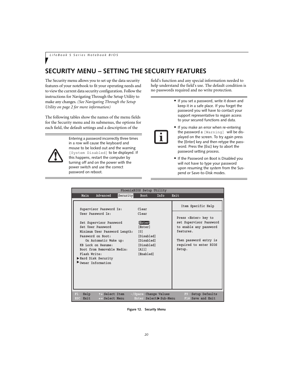 Security menu – setting the security features | Fujitsu Siemens Computers S2110 User Manual | Page 20 / 27