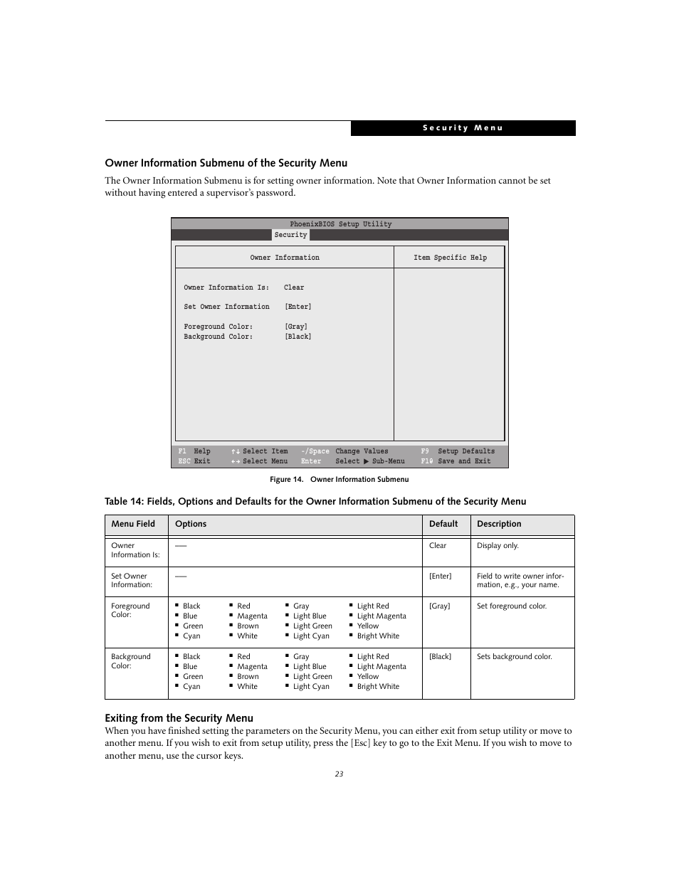 Owner information submenu of the security menu, Exiting from the security menu | Fujitsu Siemens Computers S2110 User Manual | Page 23 / 27