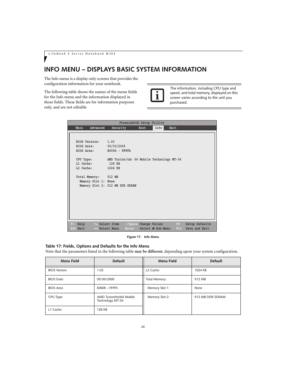 Info menu – displays basic system information | Fujitsu Siemens Computers S2110 User Manual | Page 26 / 27