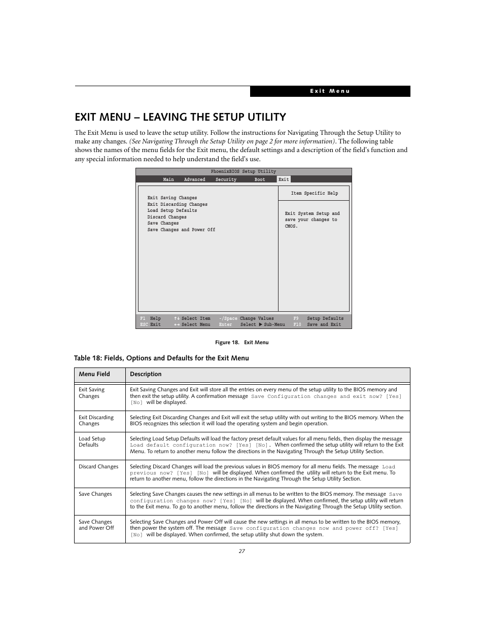 Exit menu – leaving the setup utility | Fujitsu Siemens Computers S2110 User Manual | Page 27 / 27