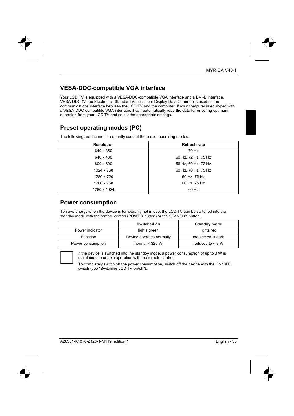 Vesa-ddc-compatible vga interface, Preset operating modes (pc), Power consumption | Fujitsu Siemens Computers V40-1 User Manual | Page 37 / 44