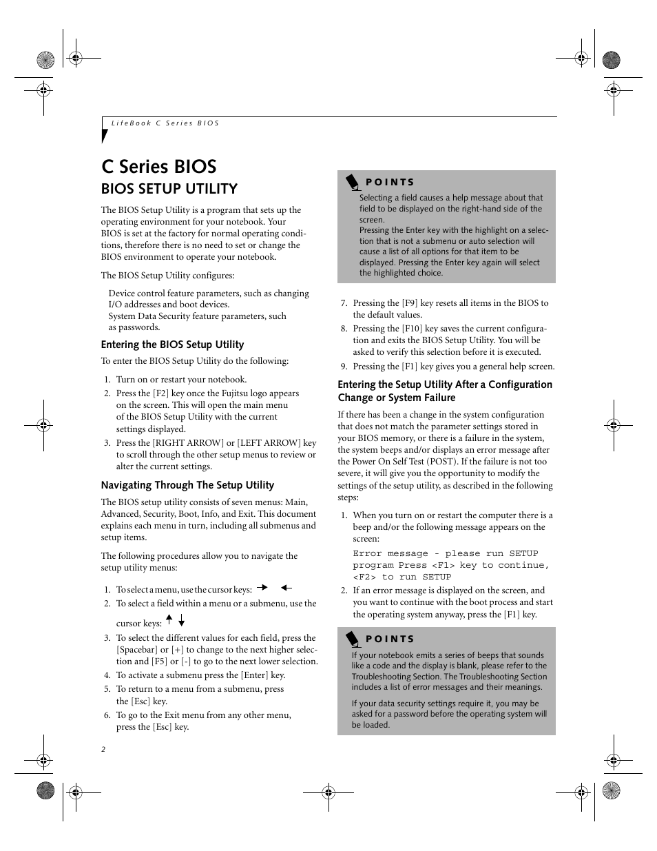 Bios setup utility, Entering the bios setup utility, Navigating through the setup utility | C series bios | Fujitsu Siemens Computers LifeBook C2110 User Manual | Page 2 / 31