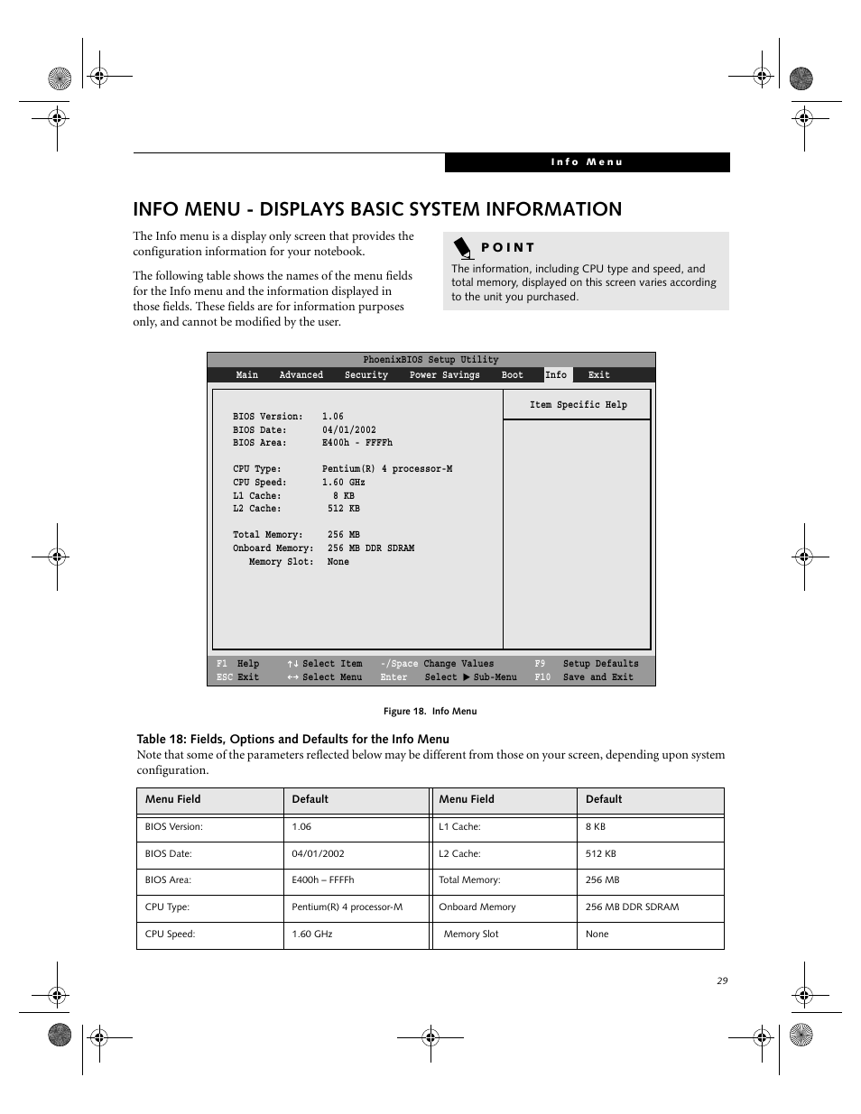 Info menu - displays basic system information | Fujitsu Siemens Computers LifeBook C2110 User Manual | Page 29 / 31