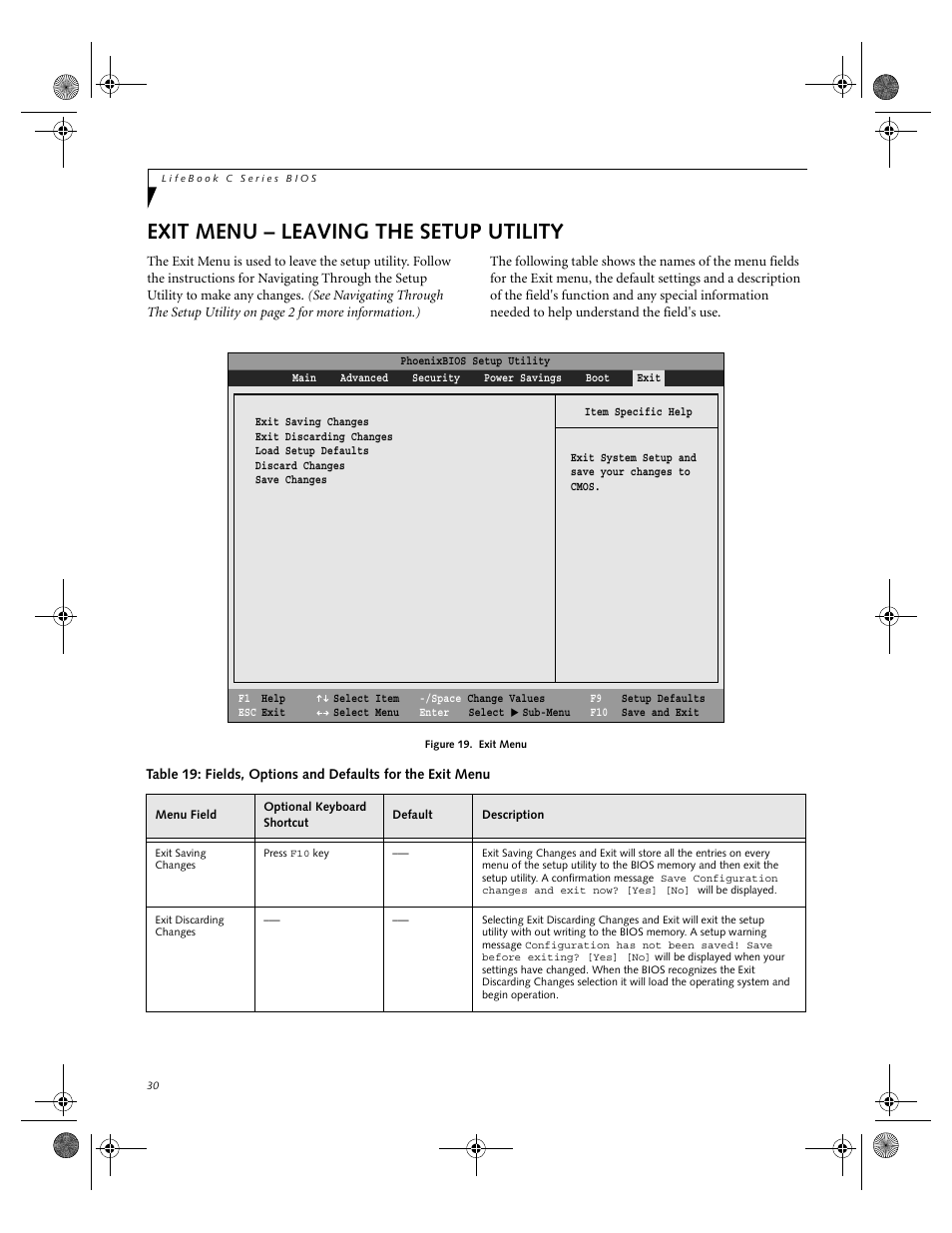 Exit menu – leaving the setup utility | Fujitsu Siemens Computers LifeBook C2110 User Manual | Page 30 / 31