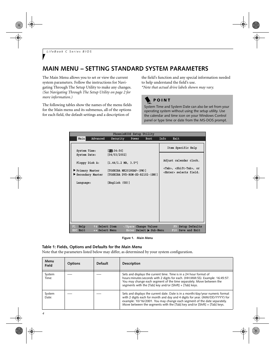 Main menu – setting standard system parameters | Fujitsu Siemens Computers LifeBook C2110 User Manual | Page 4 / 31