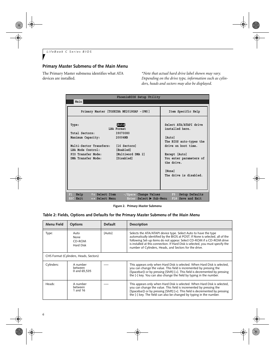 Primary master submenu of the main menu | Fujitsu Siemens Computers LifeBook C2110 User Manual | Page 6 / 31