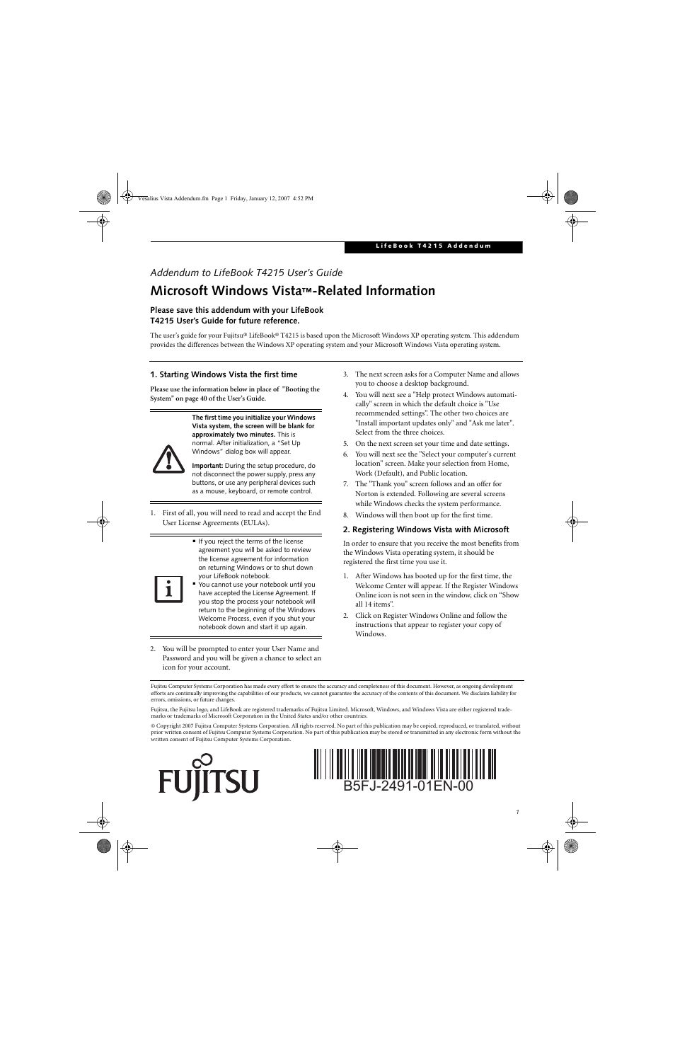 Fujitsu Siemens Computers Addendum to LifeBook T4215 User Manual | 2 pages