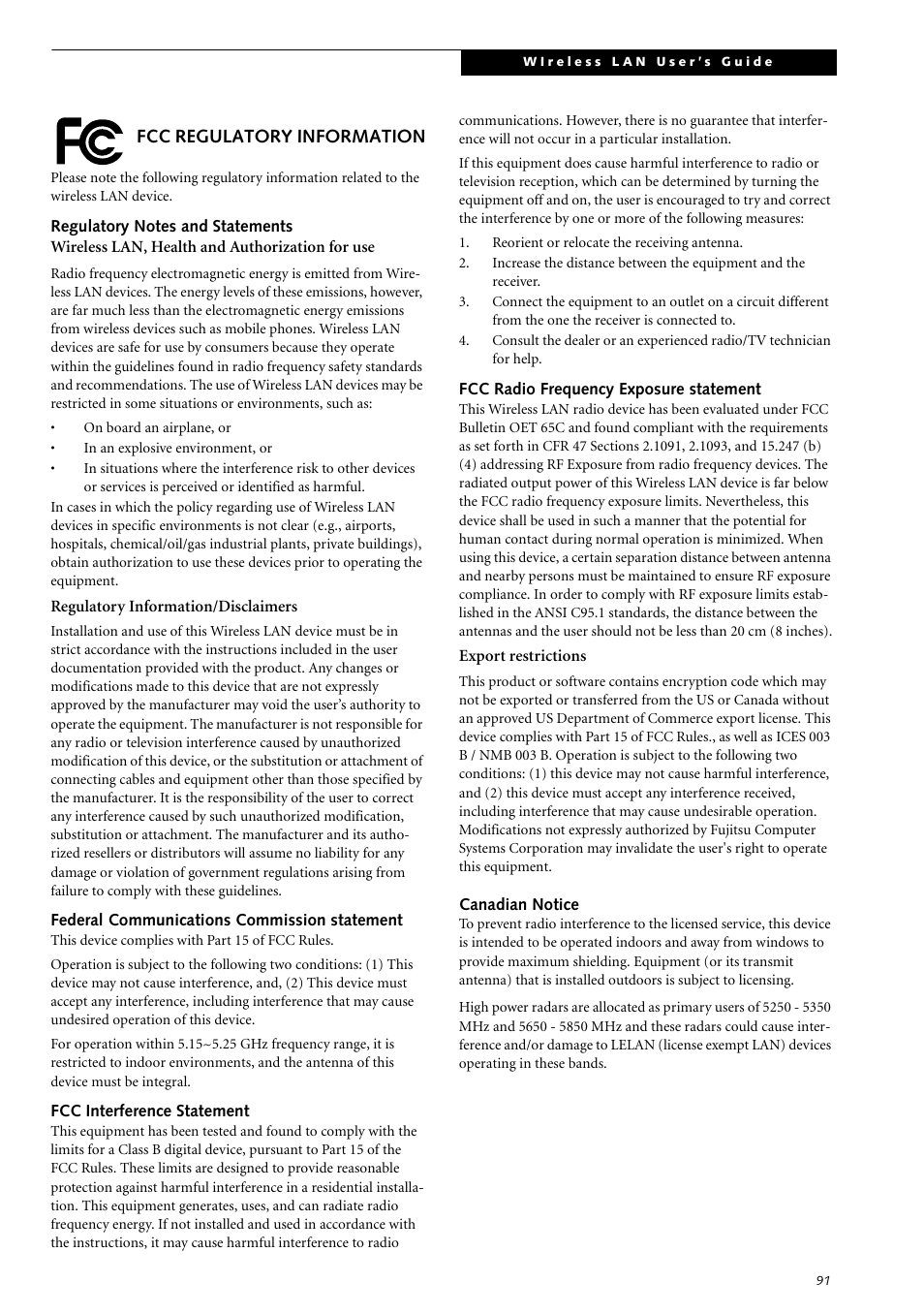 Fcc regulatory information | Fujitsu Siemens Computers LifeBook S2210 User Manual | Page 102 / 132