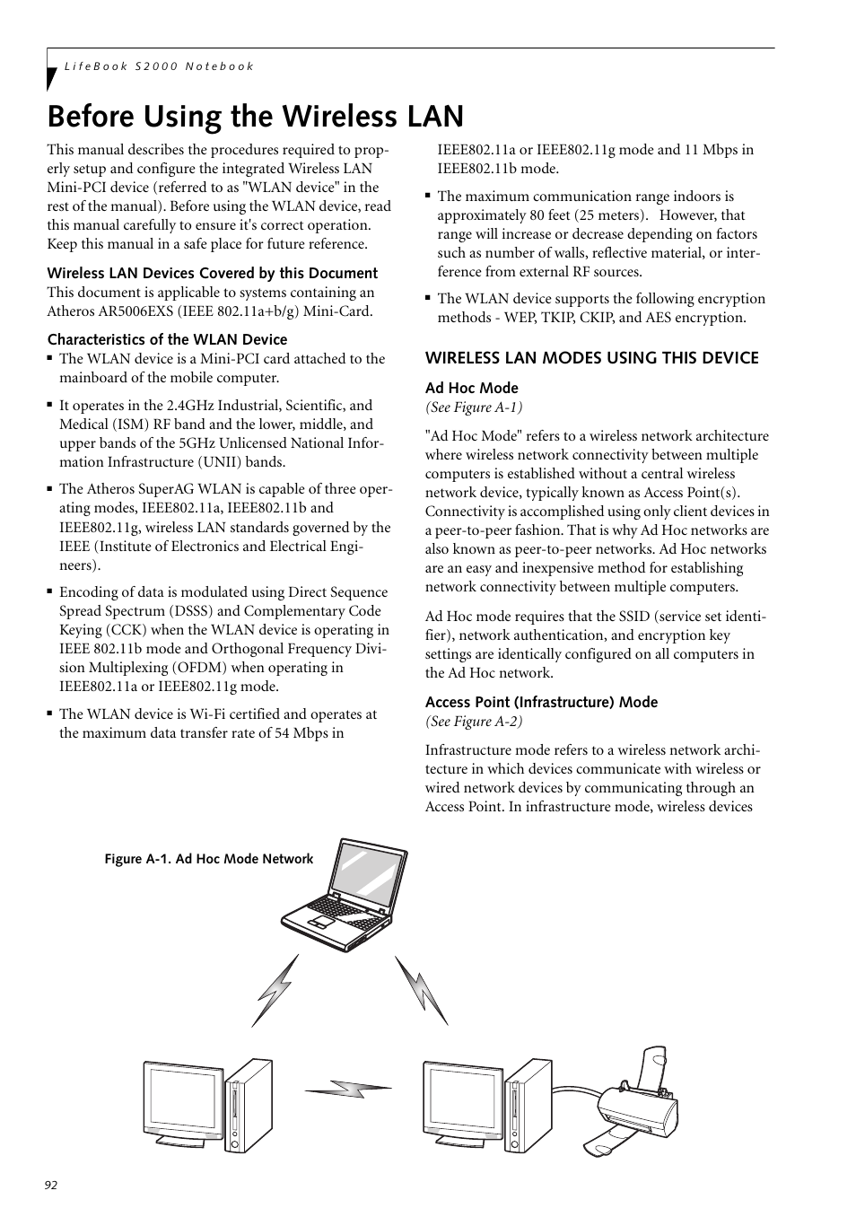 Before using the wireless lan, Wireless lan modes using this device | Fujitsu Siemens Computers LifeBook S2210 User Manual | Page 103 / 132